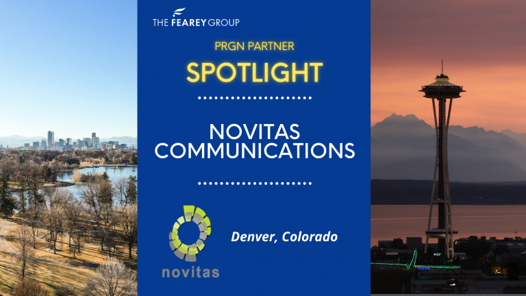 A three-panel image with photos of Denver City Park on the left, the Seattle Space Needle on the right, and a square solid blue text panel that reads "PRGN Partner Spotlight - Novitas Communications - Denver, Colorado